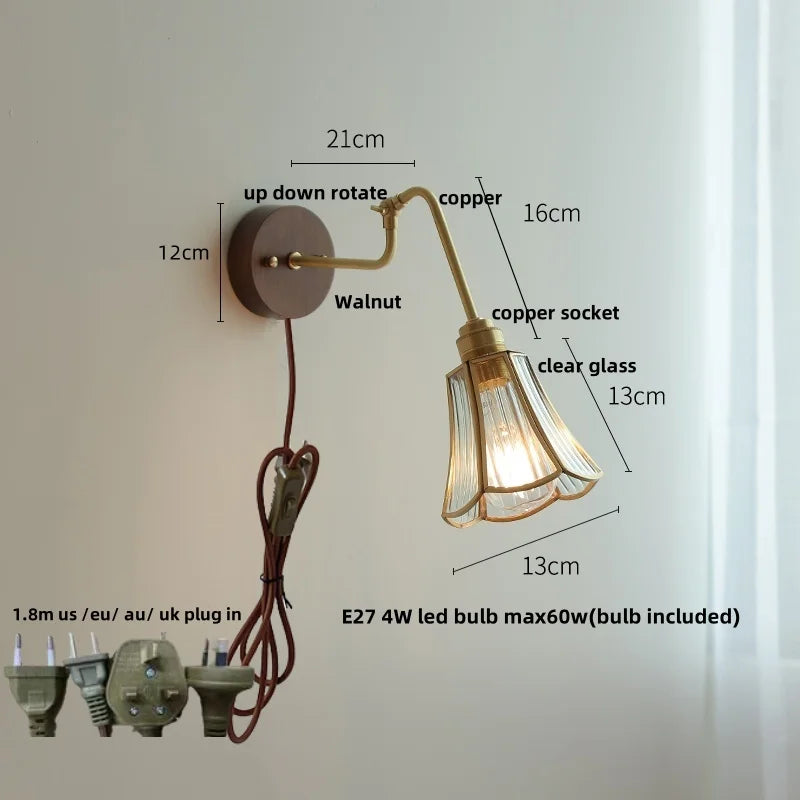 Afralia™ Copper Rotate Arm LED Wall Light: Clear Glass Walnut Bedside Lamp