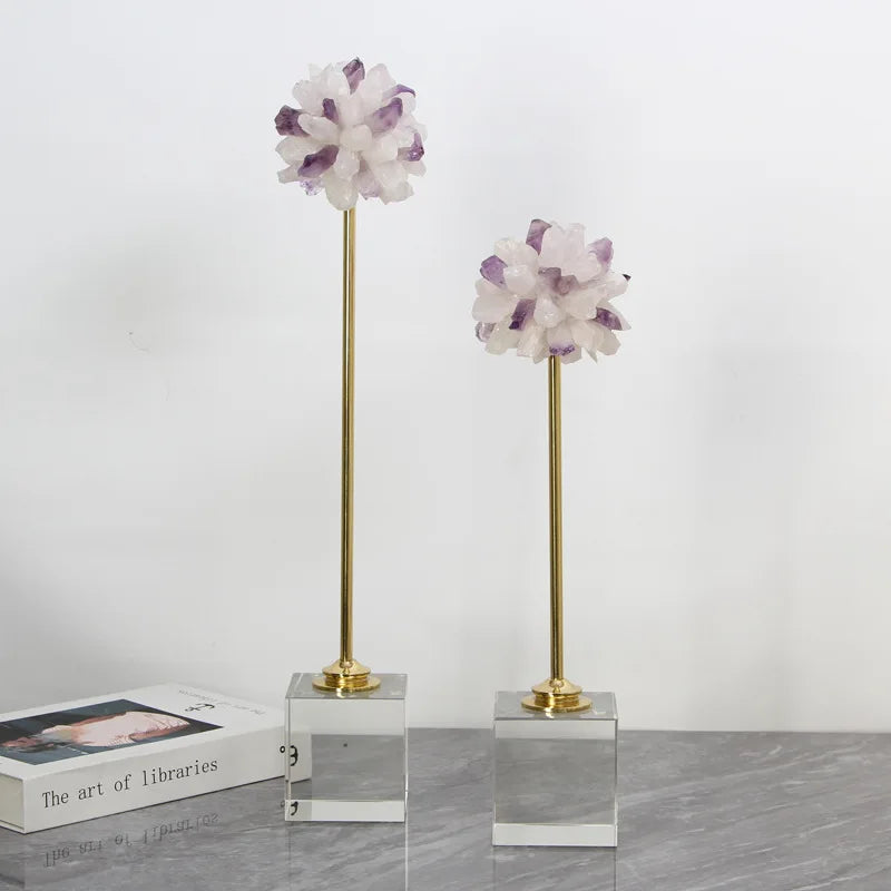 Afralia™ Crystal Flower Glass Craft Hyalinite Sculpture Metal Decorative Figurine