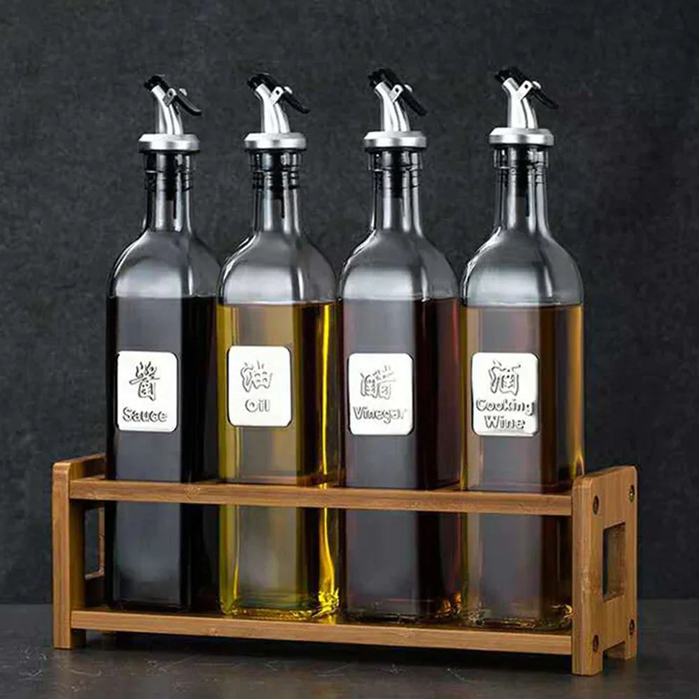 Afralia™ Glass Oil Spice Bottle Set Kitchen Canisters Rack Dispenser Vinegar Sauce