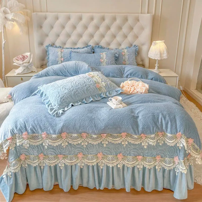 Afralia™ Pink Flowers Lace Ruffles Princess Velvet Bedding Set