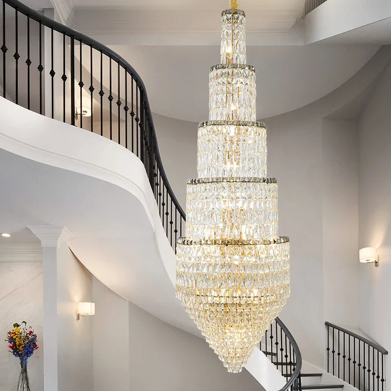 Afralia™ Crystal Hollow Long Chandelier: Elegant Duplex Villa Hall Lighting