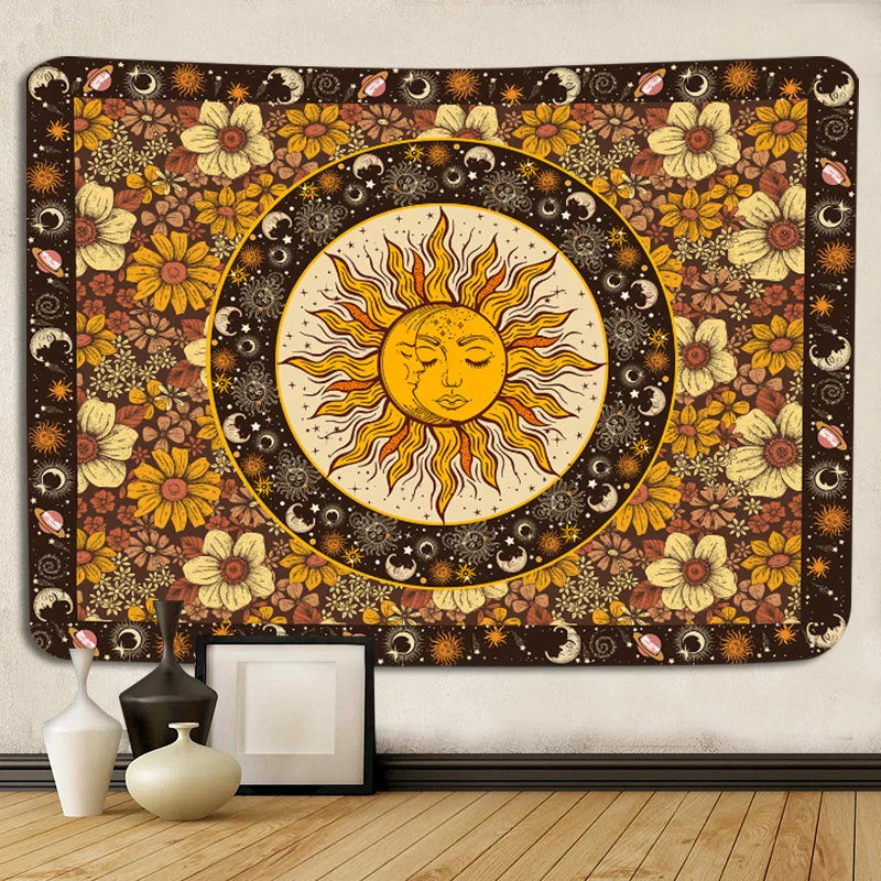 Sun Moon Tapestry Vintage Boho Wall Hanging by Afralia™ with Sunflowers Moth Constellation Aesthetic