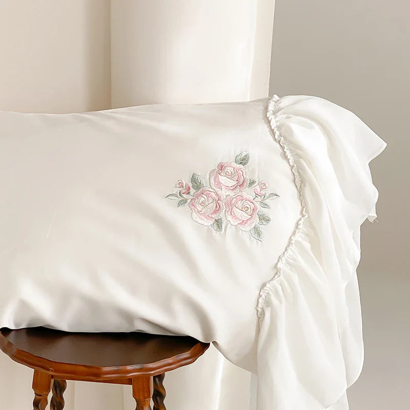 Afralia™ Lace Ruffles Flowers Embroidery 4Pc Egyptian Cotton Bedding Set