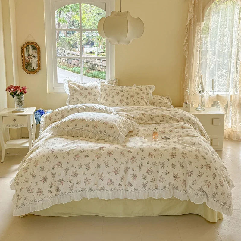 Afralia™ Floral Lace Ruffle Cotton Bedding Set with Quilt Cover, Duvet Cover, and Pillowcases