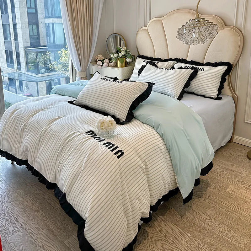 Afralia™ Ruffles Striped Bedding Set for Full Bed - Double-sided Skin-friendly Summer Linens