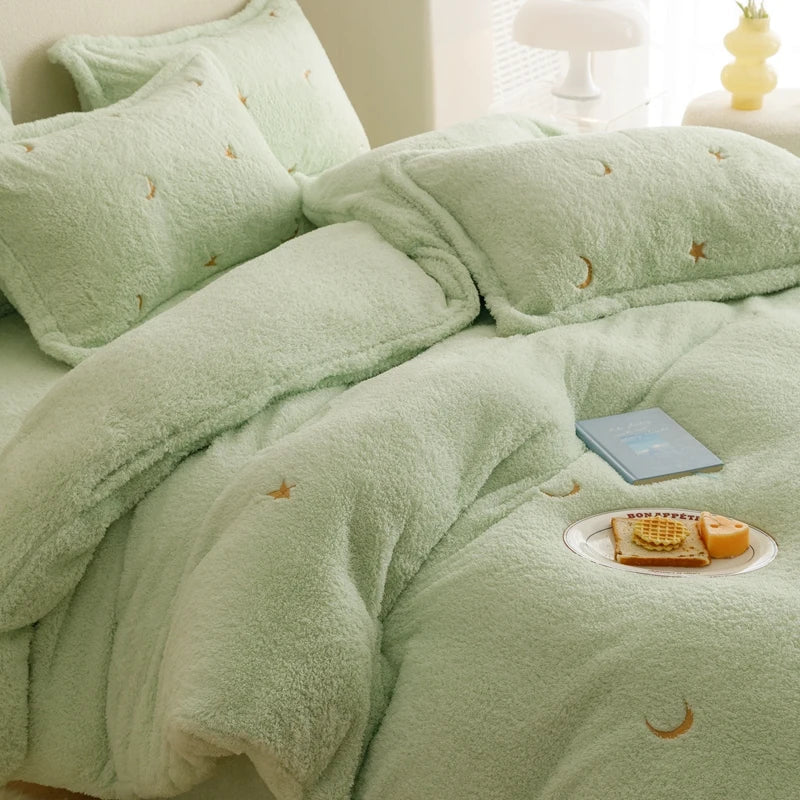 Afralia™ Berber Fleece Star Bear Embroidery Bedding Set - Cream White, Winter Home Textiles