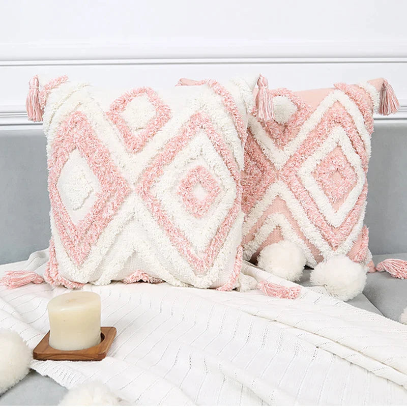 Afralia™ Boho Pink Geometric Tufted Tassel Pillow Covers 30x100cm - Decorative Double Pillows