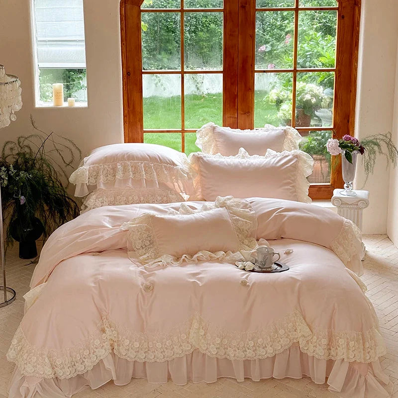 Afralia™ Princess Wedding Luxury Bedding Set 1200TC Egyptian Cotton Lace Ruffles Flowers Embroidery
