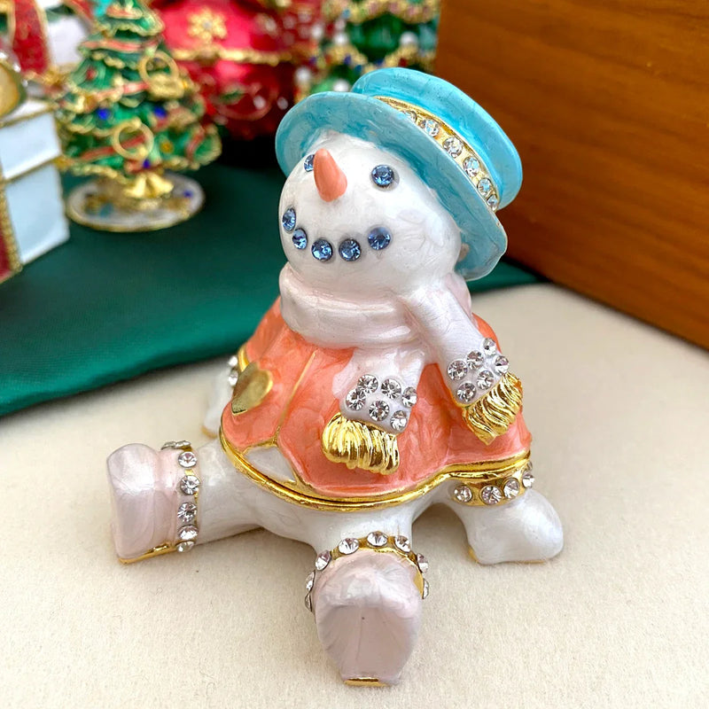 Afralia™ Metal Snowman Trinket Box Hand Painted Crystal Figurine Christmas Home Decor Gift