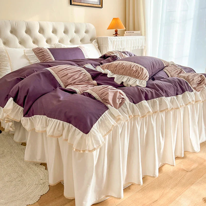 Afralia™ Korean Princess Style Cotton Bedding Set with Pleated Ruffles and Soft Quilt Cover
