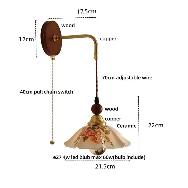 Afralia™ Nordic LED Wall Sconce Flower Ceramic Copper Wood Bedroom Reading Light