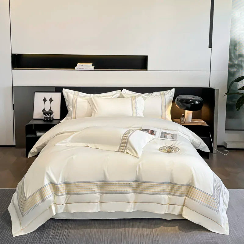 Afralia™ 100s Egyptian Cotton Embroidery King Queen Bedding Set with Duvet Cover