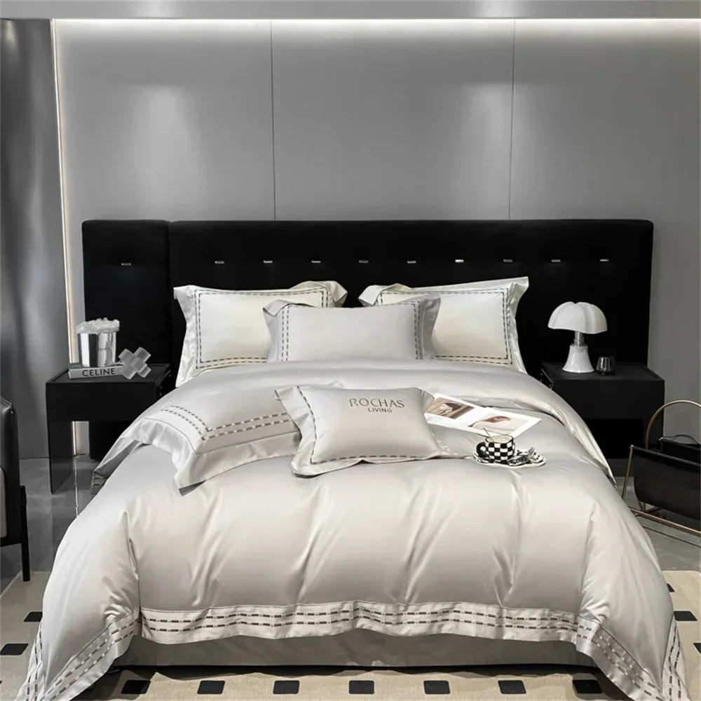 Afralia™ Nordic Silver Grey Embroidery 1000TC Egyptian Cotton Bedding Set - Queen King Size