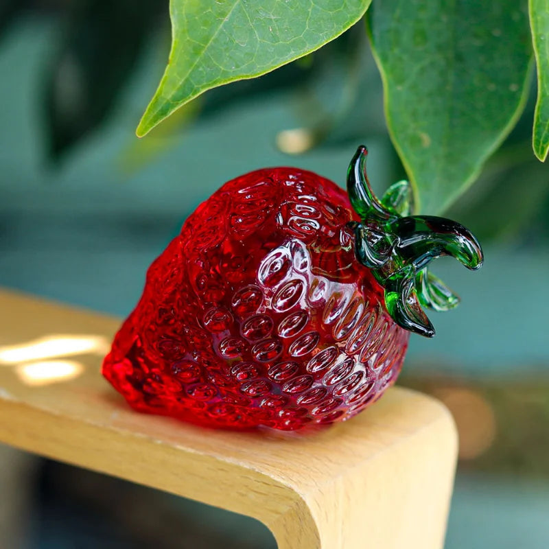 Afralia™ Glass Red Strawberry Figurine Crystal Fruit Miniature Ornament Decor