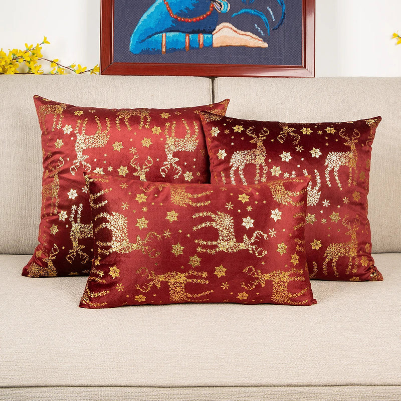 Afralia™ Velvet Christmas Cushion Cover Deer Snowflake Red Green 30x50cm 45x45cm 50x50cm