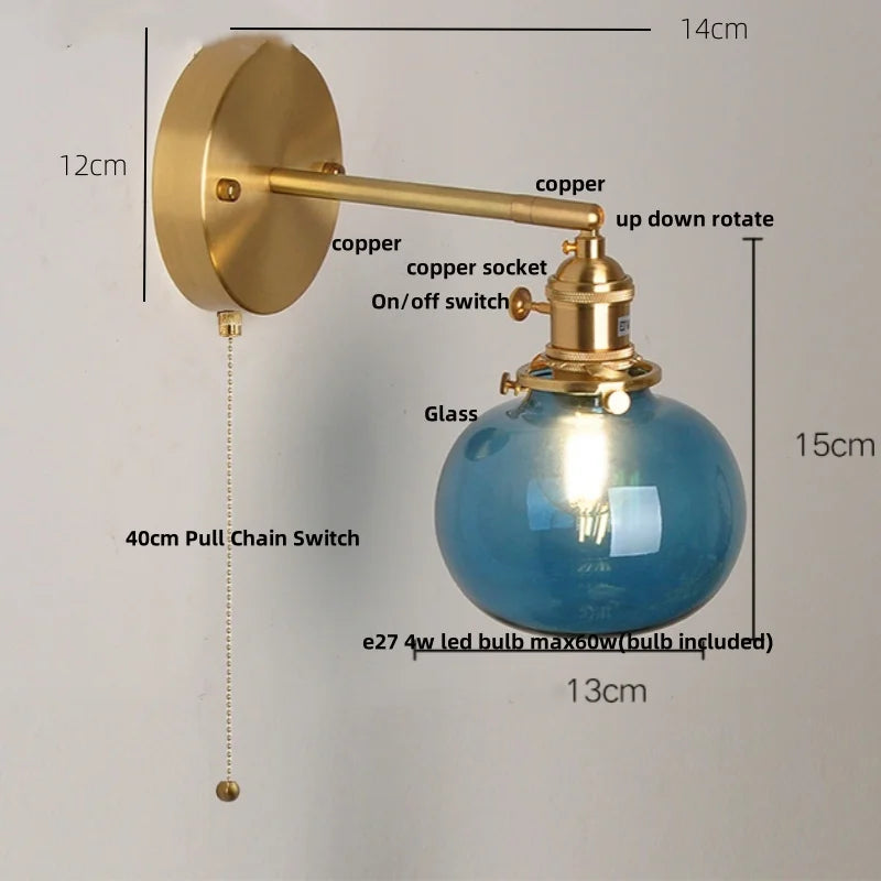Afralia™ Blue Glass LED Wall Lamp Vintage Pull Chain Stair Light Fixtures