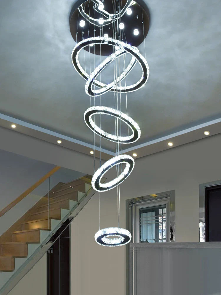 Afralia™ Chrome Rings Crystal Chandelier: Modern Luxury Staircase Lighting for Villa Lobby Fixtures