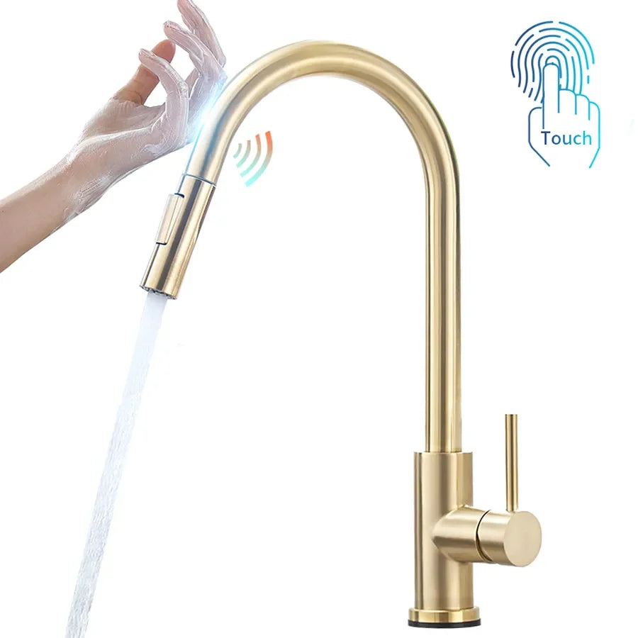 Afralia™ Brushed Gold Smart Sensor Kitchen Faucet, Dual Outlet, Single Handle
