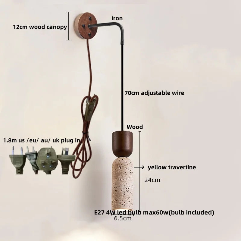 Afralia™ LED Wall Lamp Pull Chain Switch Wood Nordic Modern Yellow Travertine Mirror Light