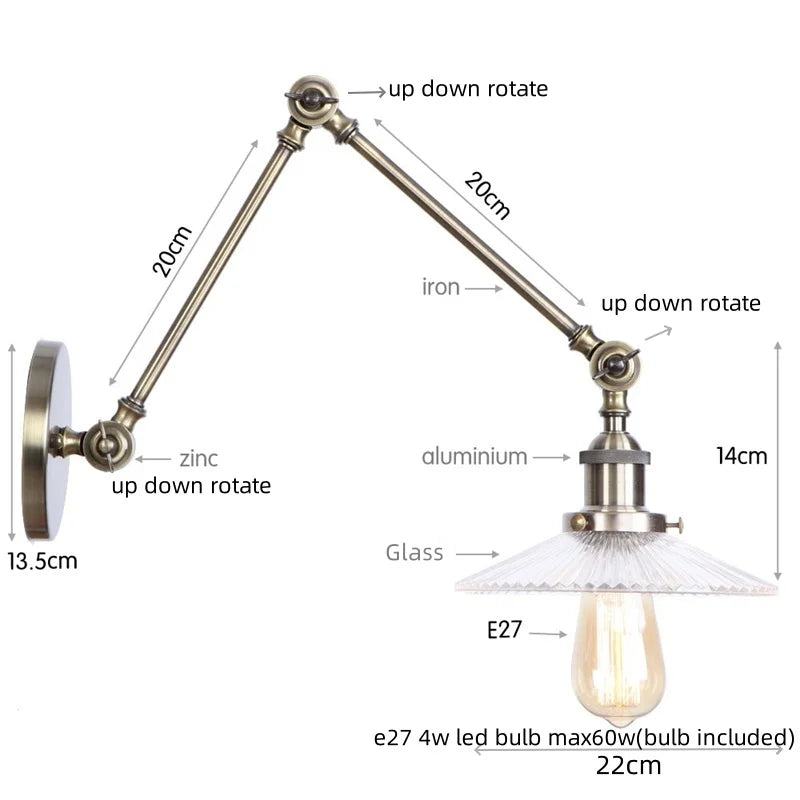 Afralia™ Vintage Loft Glass Swing Arm Wall Lamps