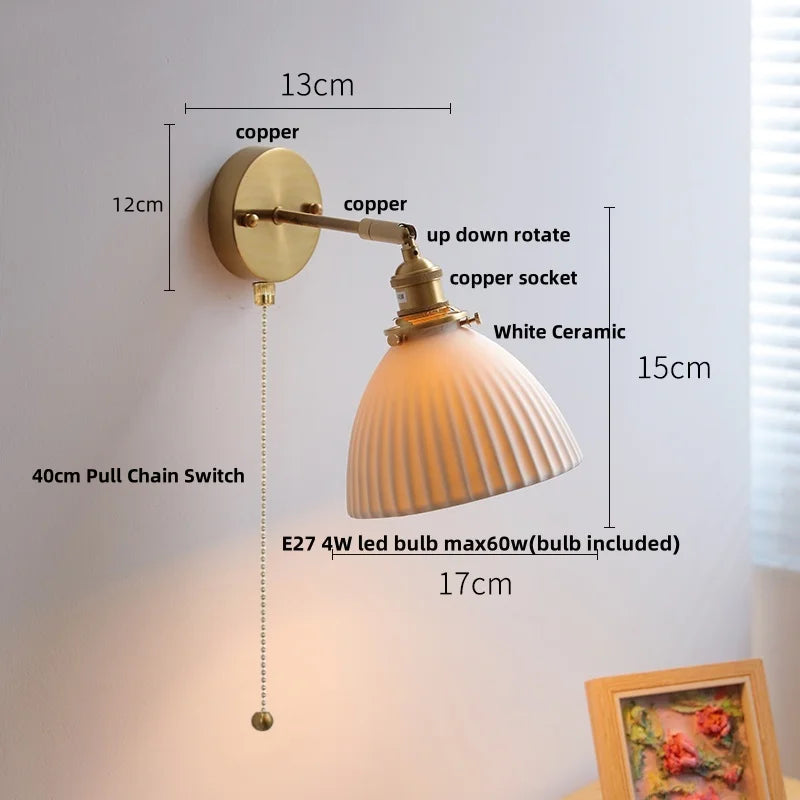 Afralia™ White Ceramic LED Wall Sconce with Pull Chain Switch, Rotating Design