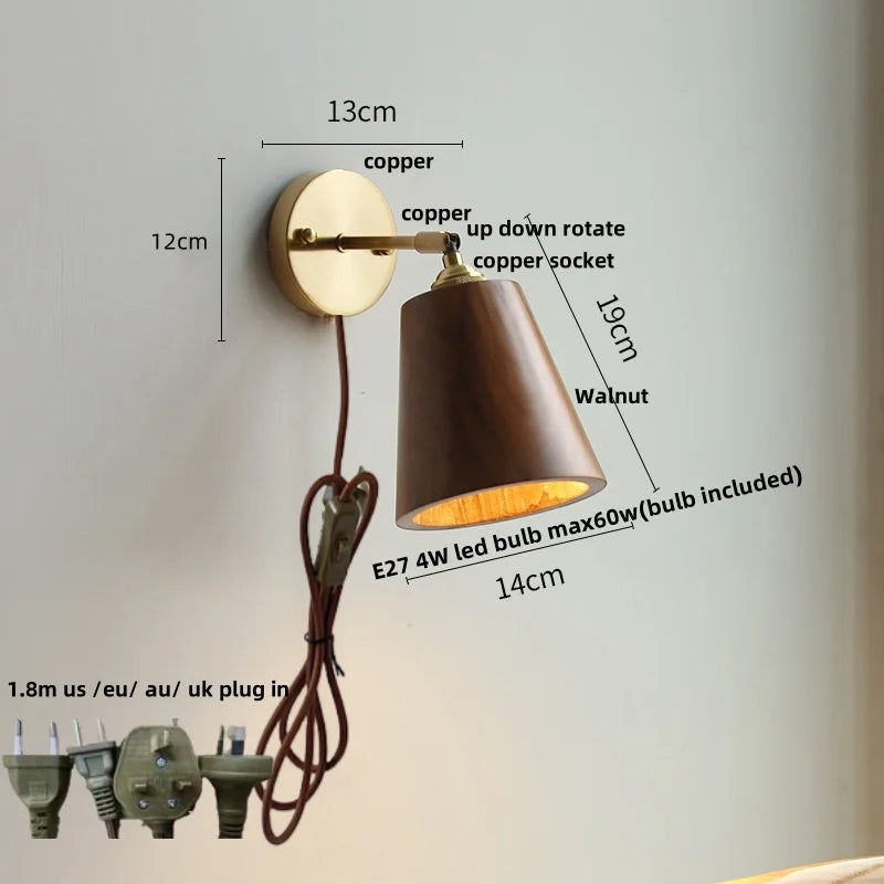 Afralia™ LED Walnut Wood Wall Sconce Pull Chain Switch Modern Japanese Style Mirror Light