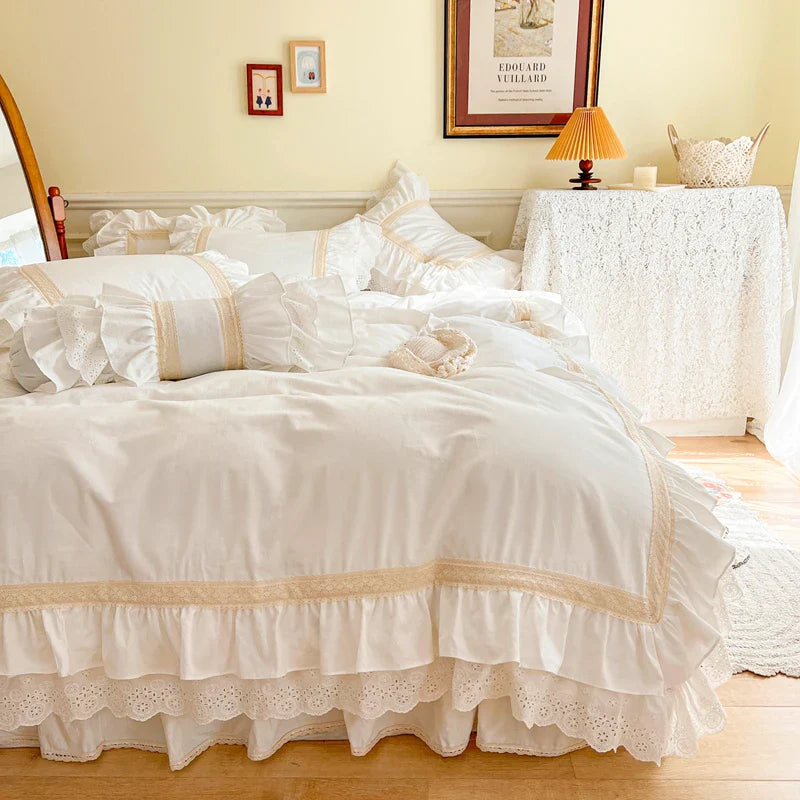 Afralia™ French Vintage Ruffles Embroidery Bedding Set, Cream White, 100% Cotton, Quilt Cover