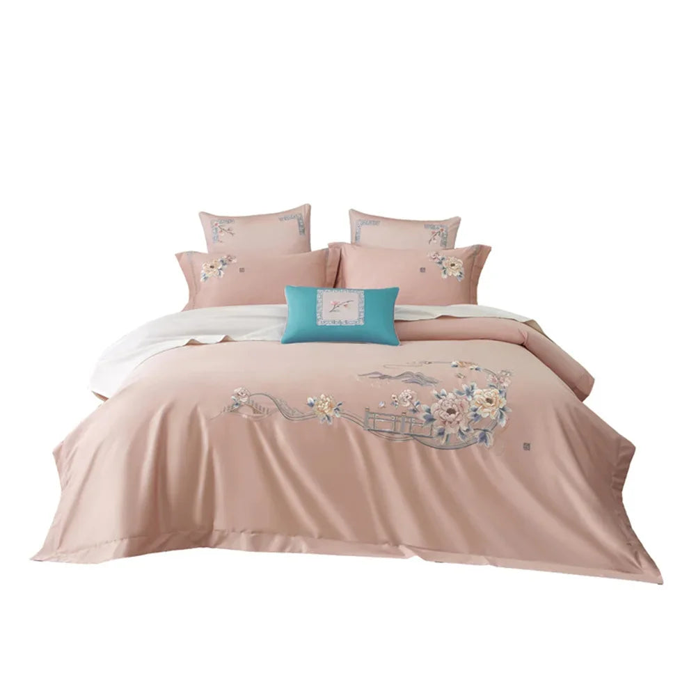 Afralia™ Pink Satin Jacquard Lotus Duvet Set 4Pcs Queen King Bedlinens