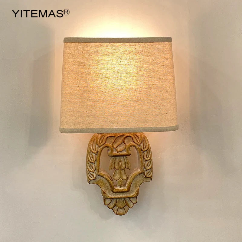 Afralia™ Vintage Wooden Fabric Shade Wall Sconce for Bedroom and Living Room