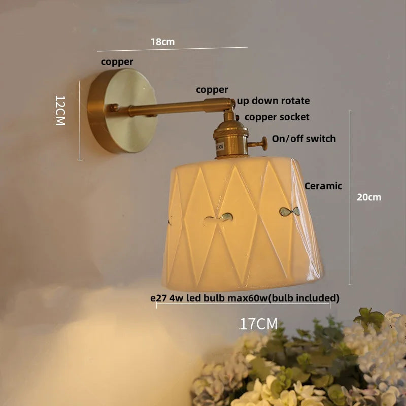 Afralia™ Copper Ceramic LED Wall Light Fixture Pull Chain Switch Modern Wall Lamp