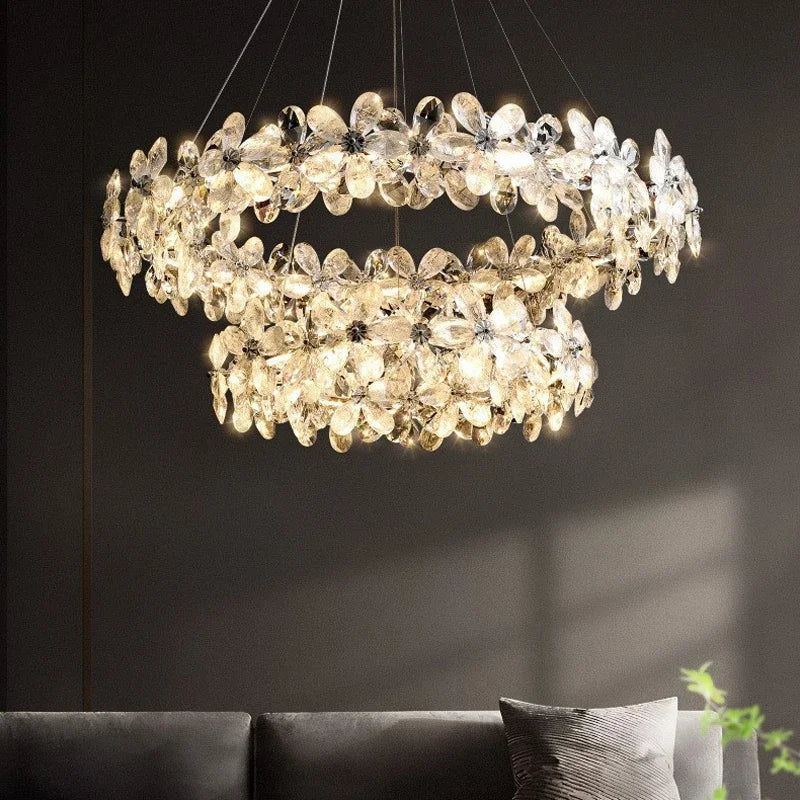 Afralia™ Chrome Petal Crystal Chandelier LED Ceiling Light for Luxurious Living Room Decor