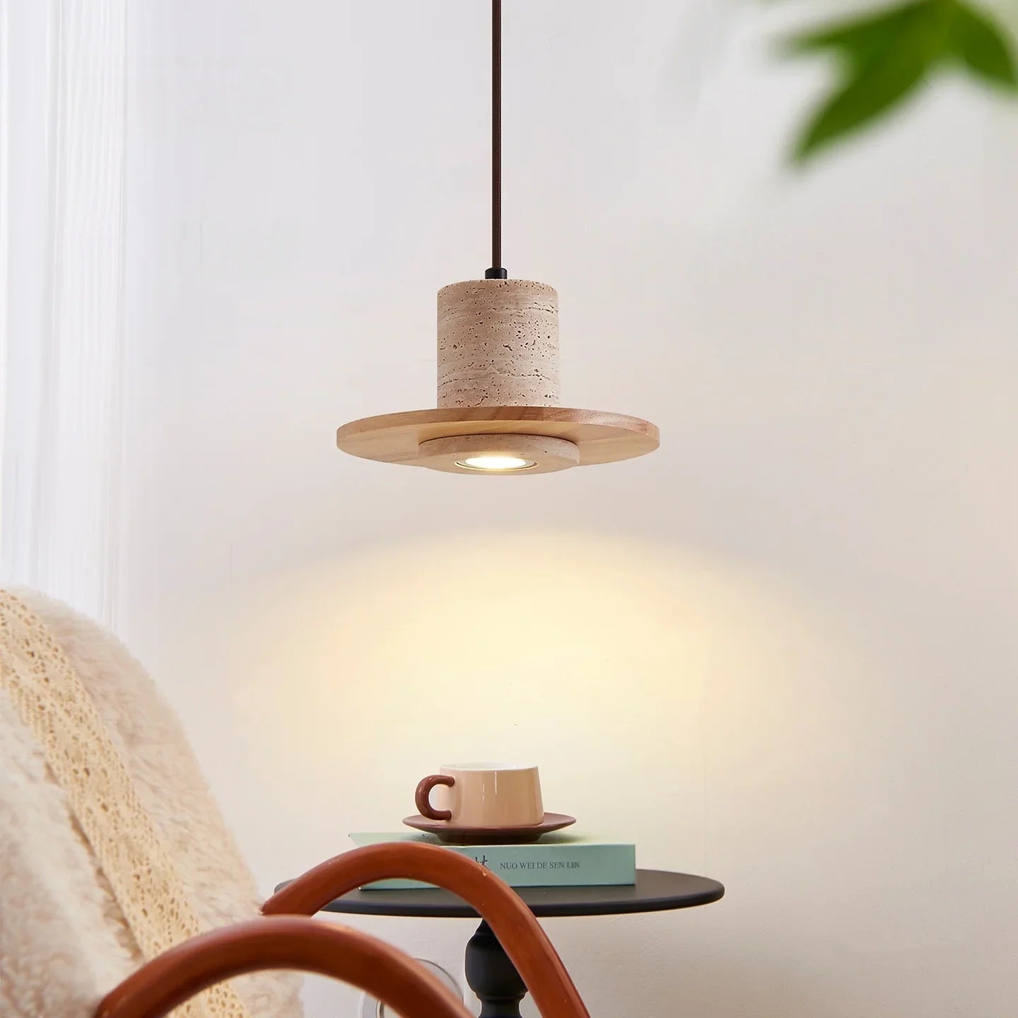 Afralia™ Stone Wood LED Pendant Lights Yellow Travertine Vintage Hanging Lamp