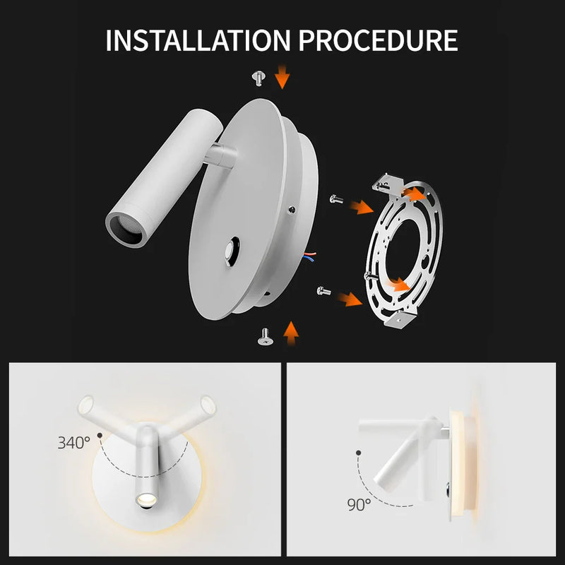 Afralia™ Dimmable LED Wall Lamp with Touch Switch, 340° Rotatable Backlight for Bedside & Study