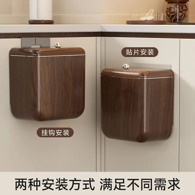 Afralia™ Antique Style Wood Grain Kitchen Trash Can with Lid, Hanging Type, Large Capacity