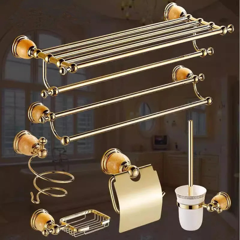 Afralia™ Brass Jade Bathroom Accessories Set: Towel Bar, Soap Holder, Towel Rack, Glass Shelf
