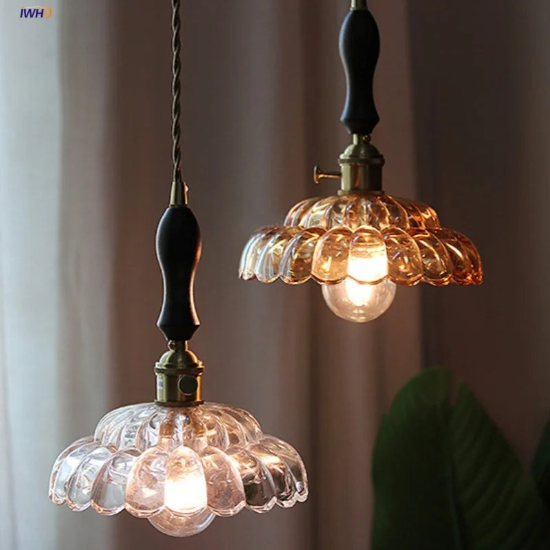 Afralia™ Amber Glass Walnut Wood LED Pendant Lamp with Copper Knob Switch
