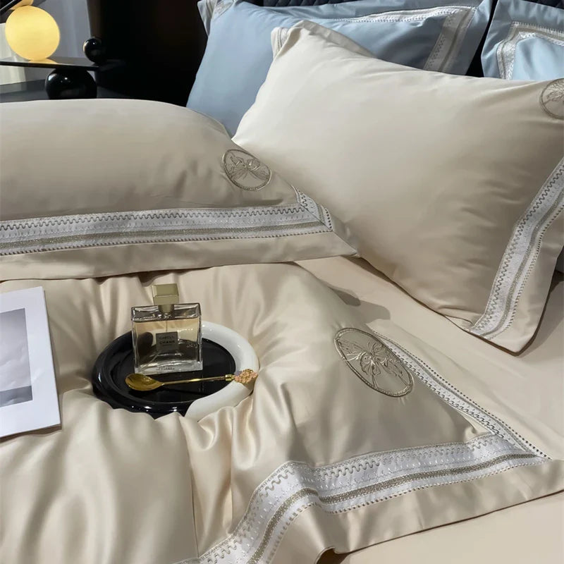 Afralia™ Luxury Butterfly Embroidery Champagne 4Pcs Bedding Set with Duvet Cover, Bed Sheet & Pillowcases