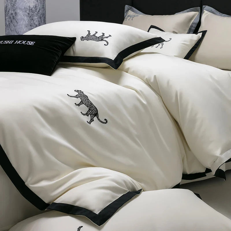 Afralia™ Luxury Leopard Embroidery Egyptian Cotton Bedding Set