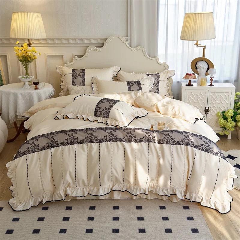 Afralia™ Elegant Heart Embroidery Lace Princess Wedding Bedding Set