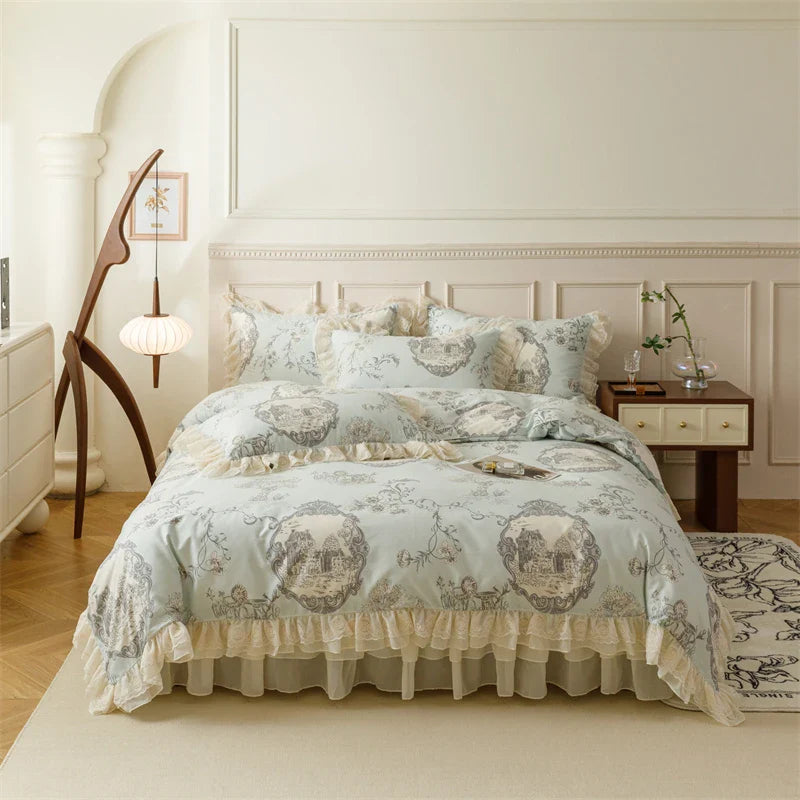 Afralia™ French Country Flowers Print Bedding Set with Lace Ruffles