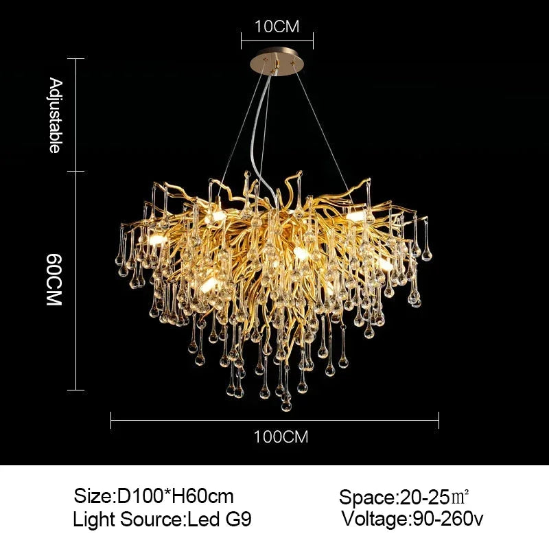 Afralia™ Branch-shaped Golden Crystal Chandelier for Villa Bedroom and Living Room