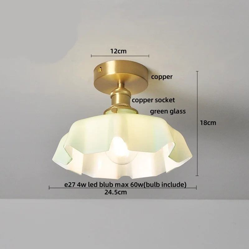 Afralia Wood Copper LED Ceiling Light Amber Glass Plafond Lamp