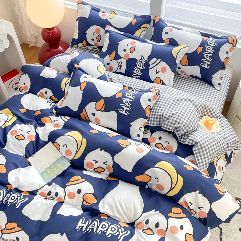 Afralia™ Cartoon Print Bedding Set: Breathable Duvet Cover, Bed Sheet, Pillowcases - Double & Single Sizes