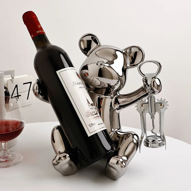 Afralia™ Ceramic Bear Wine Rack with Opener: Stylish Living Room, Bar & Kitchen Storage