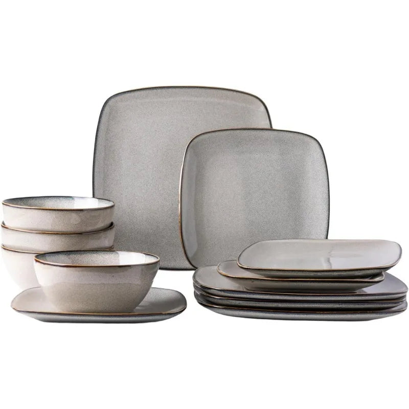 Stylish-Dishes Ceramic Dinnerware Set for 4 - 12 Pieces Square Handpainted Plates and Bowls Set