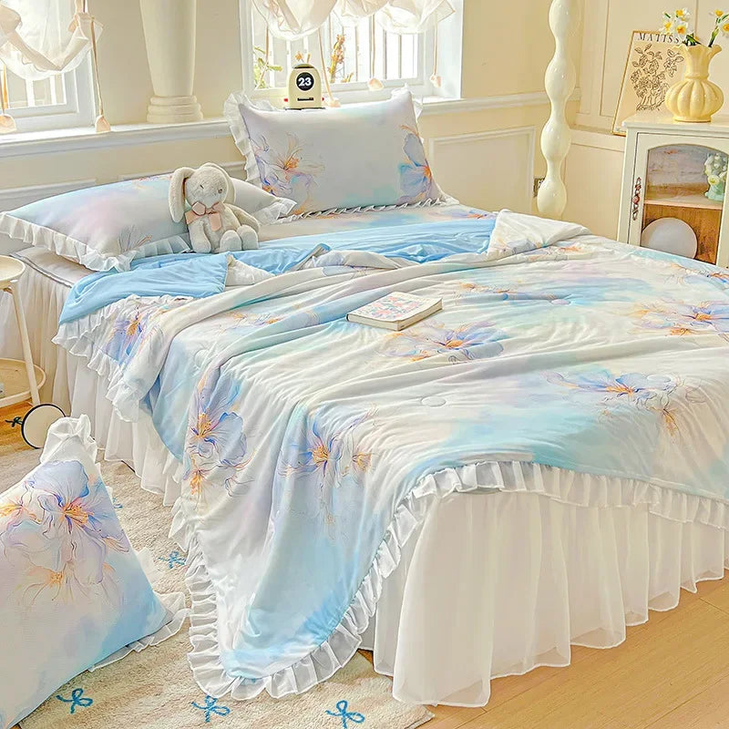 Afralia™ Floral Print Lace and Ruffle Summer Quilt: Skin-Friendly, Breathable Comforter
