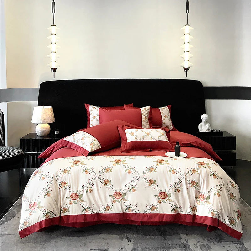 Afralia™ Luxury Rose Flowers Embroidery Bedding Set in Red