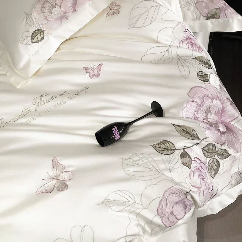 Afralia™ Butterfly Flowers Embroidery 600TC Egyptian Cotton Bedding Set: Duvet Cover, Bed Sheet, Pillowcases
