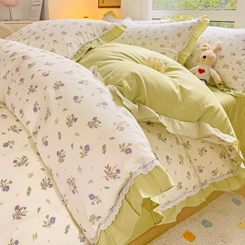 Afralia™ Floral Ruffles Bedding Set with Duvet Cover, Sheets, and Pillowcases
