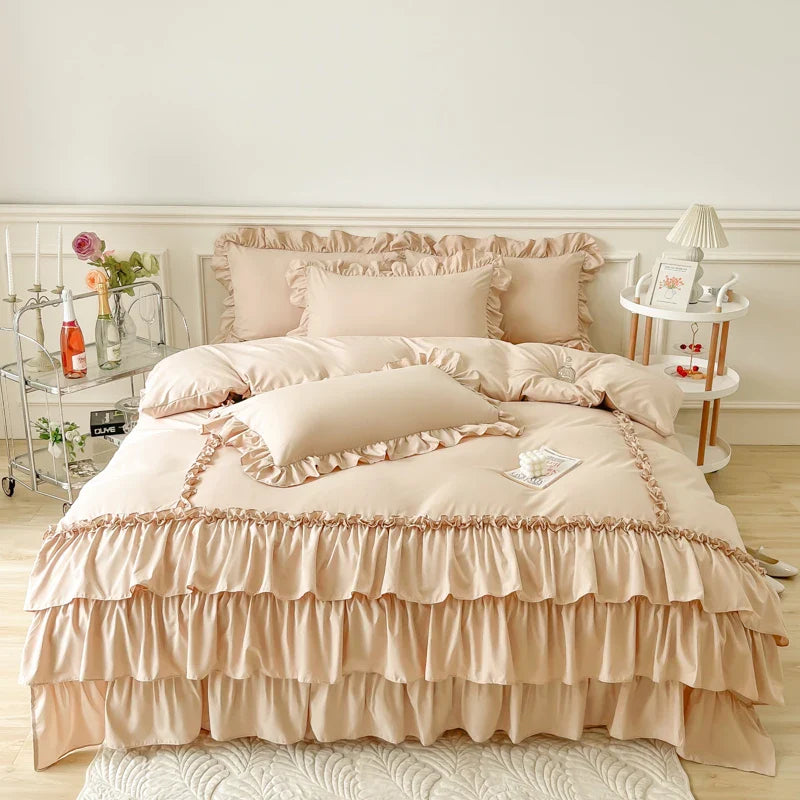 Afralia™ Lace Ruffle Princess Bedding Set with Bed Skirt & Pillowcases
